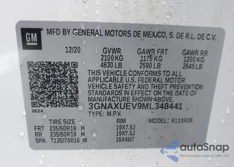 2021 Chevrolet Equinox Awd Lt from USA, damaged, VIN 3GNAXUEV9ML348441